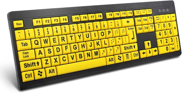 Stor skrift datamaskin tastatur, kablet USB høy kontrast tastatur med overdimensjonerte trykte bokstaver for synshemmede personer med svak syn (gul+sv