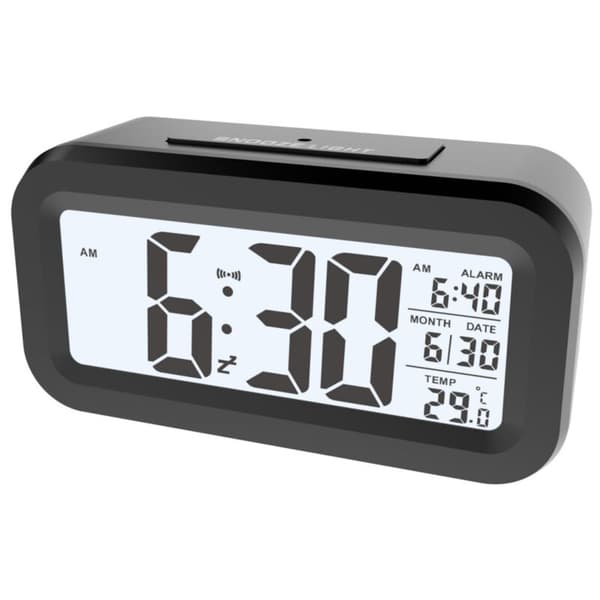 1 st svart digital väckarklocka, digital klocka som väcker med ljus, batteridriven för vuxna barn, stor skärm med kalender och temperatur