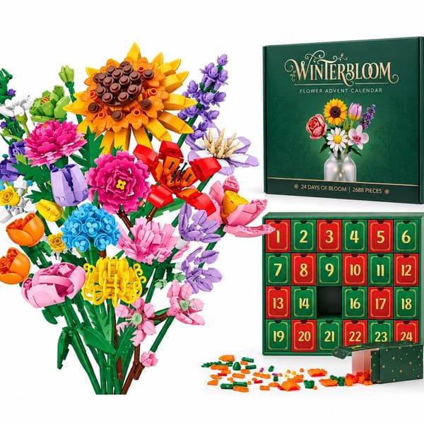 24-dagers julekalendergave, Winterbloom blomsterbukett byggeklosssett, 2688 deler, botanisk hjemmeinnredning, adventskalendergave for voksne og famili