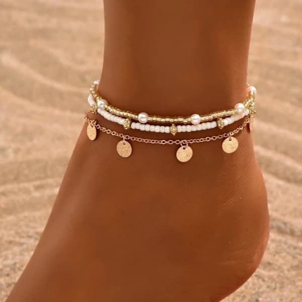 /EA/Shell Ankelband Set för Kvinnor, Guld Boho Pärla Justerbart Ankelband, Hawaiiansk Strand Snäcka Pärla Hjärta Sjöstjärna Konkylie Fot Smycken Gåvor