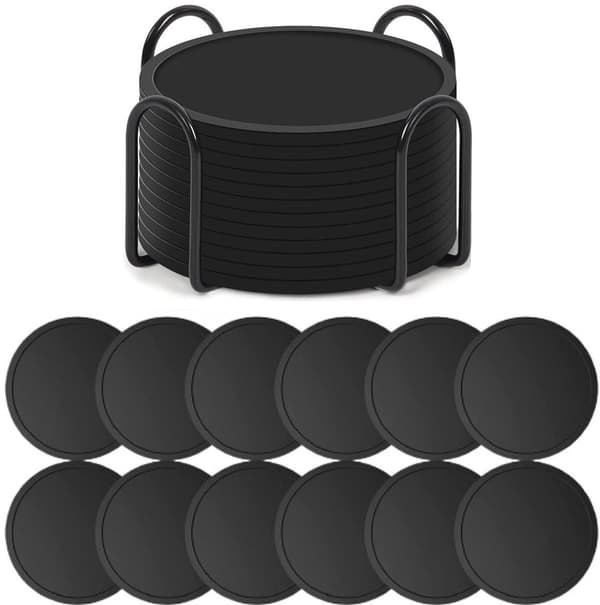 Silikonbrikker med holder, sett med 12 brikker for glass, runde brikker, sklisikre, varmebestandige, svart gave