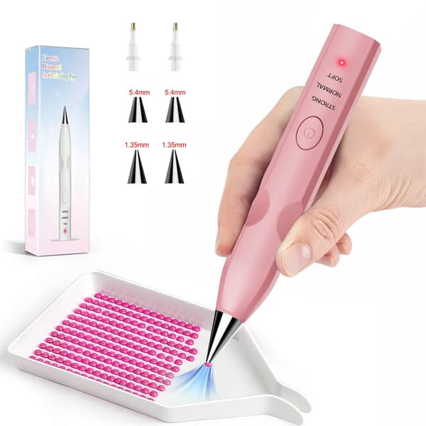Elektrisk diamantmalerpen med vakuumsug, trådløs genopladelig ABS-stylus med 4 spidser, til begyndere og gør-det-selv-håndværk, pink
