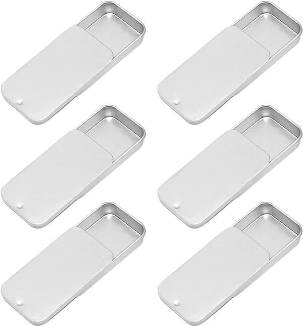 6 Suorakulmainen tinalaatikko liukukannella, työntö-vetolaatikko, mini-karkkilaatikko, liukukannellinen laatikko, uudelleenkäytettävä 50x25x10mm aroma