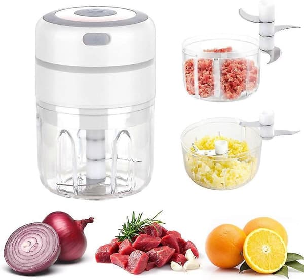 Mini Elektrisk Løk Hakker med 2 Kopper, Multi Elektrisk Kjøkken Blender Hakker 250ML+100ML, USB Oppladbar for Grønnsaker Frukt Kjøtt (Hvit)