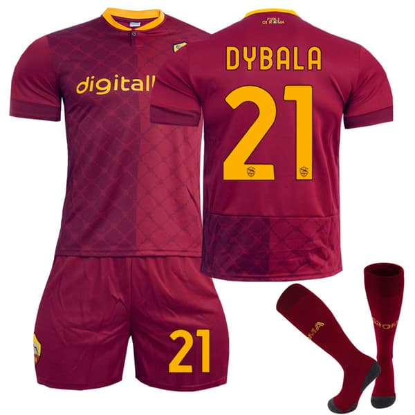 AS Roma 2022-23 Hjemmetrøje Dybala No.21 fodboldtrøje 3-delt sæt til børn, voksne