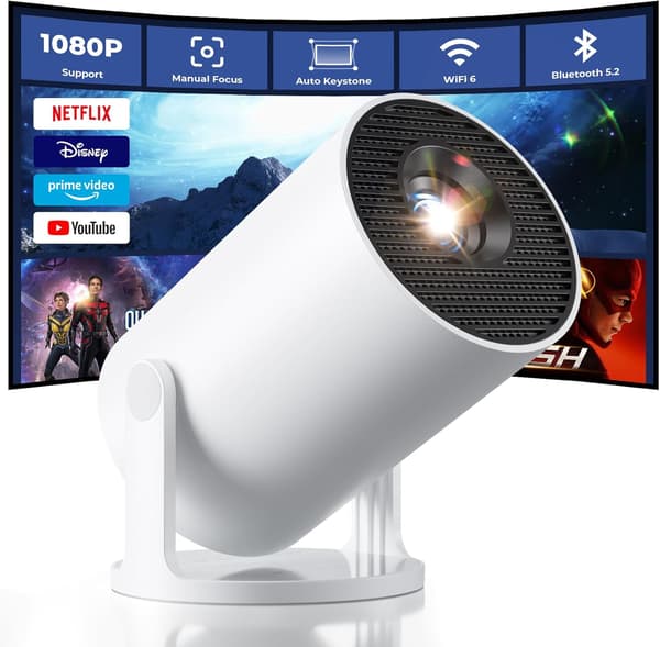 2025 Nyeste Modell Mini Projektor med WiFi og Bluetooth - Innebygde Apper, Smart Bærbar Projektor med 180° Rotasjon, Auto Keystone, Sup
