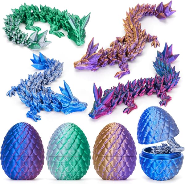 4 stk. 3D-printet påske-drageegg, liten artikulert krystall-drage fidget-leke, overraskelse 3D-printet dyreleke påskekurv (4-delt sett-D)