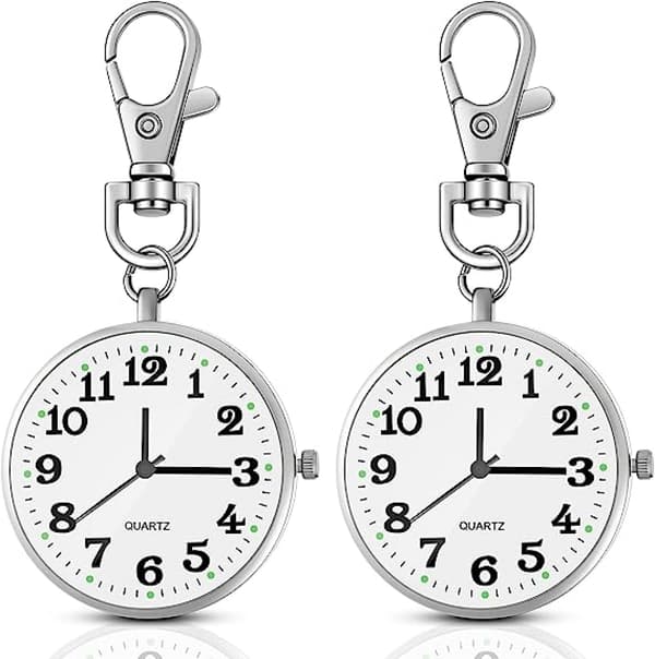 2-pakning Sølv Quartz Lommeur med Nøkkelspenne, Rundt Lommeur, Nøkkelring, Bærbart Unisex-ur for Barn, Menn, Sykepleiere, Kvinner