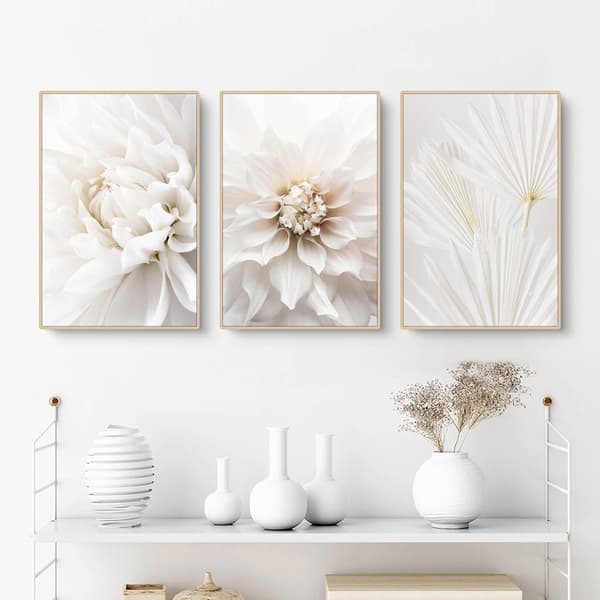 (Spesialtilbud) Sett med 3 plakater, bilder av hvite roser, moderne lerretsbilder, uten ramme, boho-bildesett, veggdekorasjon for stuen