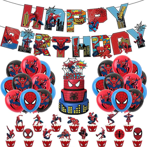 Spiderman Syntymäpäiväjuhlat - Koristeet sisältävät Onnea Syntymäpäiväksi -bannerin, Kakun Koristeen, Super Sankari Teeman Juhlat -koristeet Lapsille 