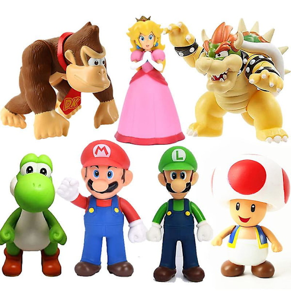 Super Mario Bros Actionfigurer Leksaker Mario Luigi Yoshi Peach Svampsamling Modell Barn Födelsedagspresent Bowser Koopa