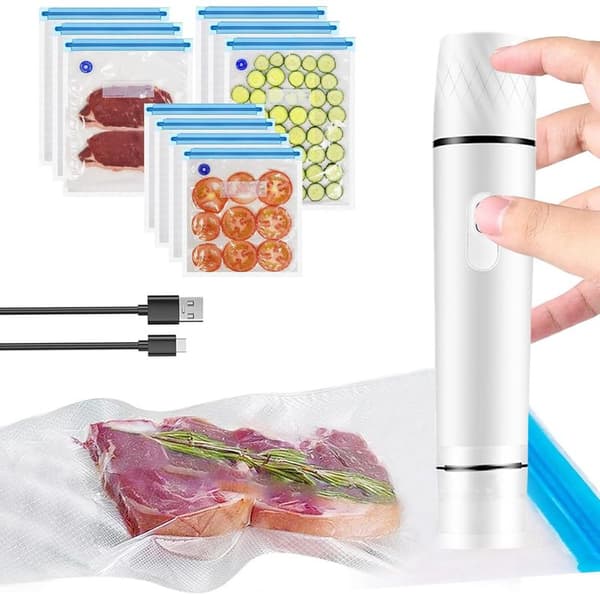 Manuell vakuumforsegler, mini oppladbar elektrisk vakuumpakkemaskin med 10 gjenbrukbare poser, for matkonservering
