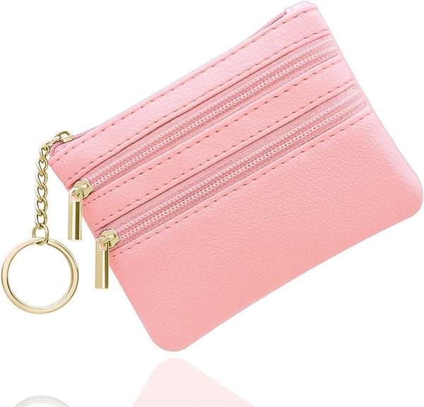Liten lommebok for kvinner, myntlommebok, liten damelommebok med 3 rom og nøkkelring, liten og lett (rosa)