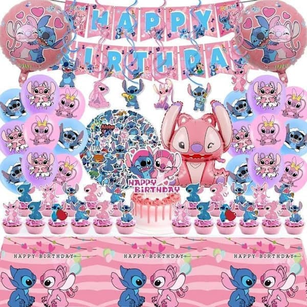 101 st Stitch Kalas Tillbehör, Födelsedagsdekorationer Set Inkluderar Banner, Ballonger, Klistermärken, Hängande Virvlar, Tårta och Muffins Toppers