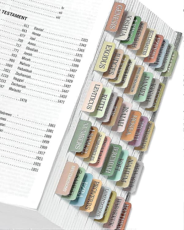 Bibelfaner, laminerede bibelfaner til studiebibel, store neutrale bibelfaner til nem navigation, boho-tema, bibelindeksfaner