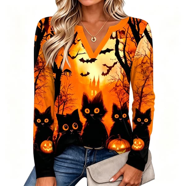 Langermet V-hals T-skjorte for kvinner, Halloween langermet T-skjorte - XL