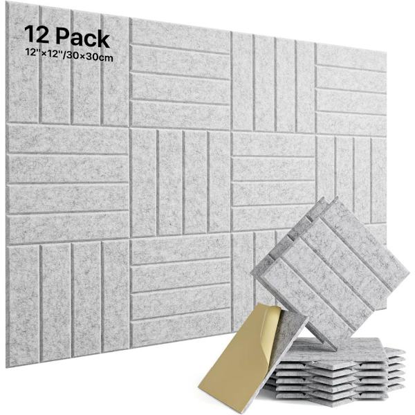 12-pack Akustikpaneler – Självhäftande Ljudabsorberande Paneler 30×30cm, Hög Densitet Kompatibel med Vägg, Dörr, Tak & Hemmakontor