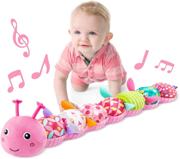 Vaaleanpunainen Musiikillinen Toukka Vauvan Lelu, Pehmolelu Vauvoille, jossa Rapsutuksia & Ristikoita, Pehmeä Sensorinen Vatsa-aika Lelu Tekstuureilla
