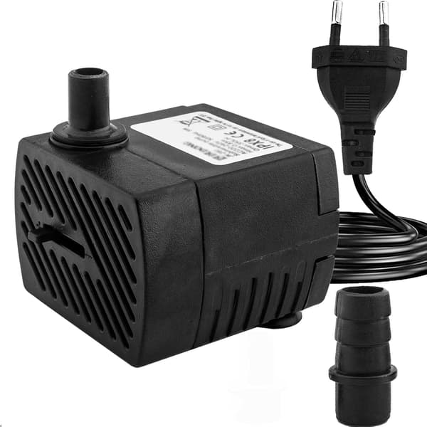 Mini vandpumpe (350 l/t, 5 watt), ultra-støjsvag akvariepumpe med højt placeret nav, med strømkabel, springvand, statue