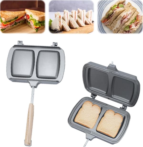 Vendbar Sandwichgrill - Dobbeltsidet Stegepande - Kontaktgrill - Non-Stick Gasbrødrister - Sandwichplade - Med Håndtag - Omeletmaskine - Grå