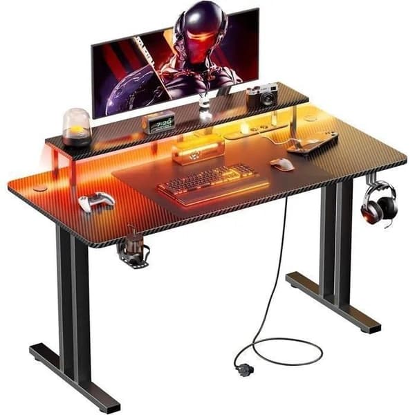 EcoFurnix Spilbord LED 120 x 60 cm, Gamer Bord med Stikdåse og Skærmstøtte, Sort