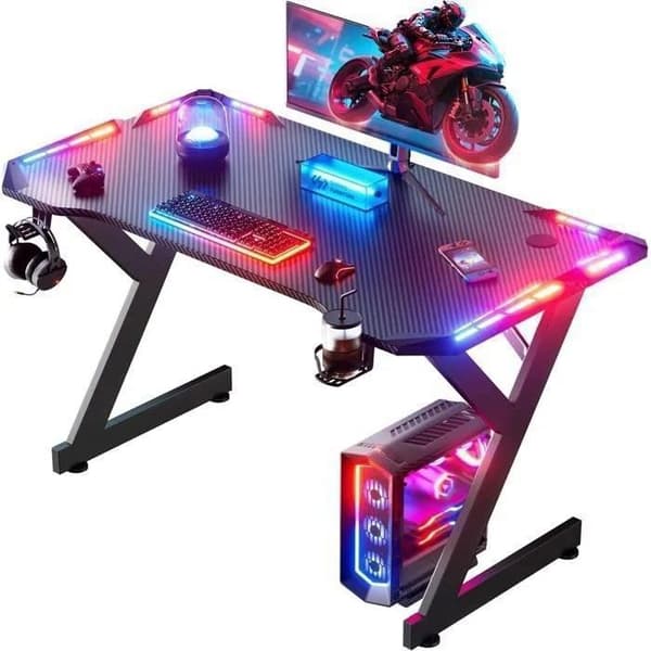 EcoFurnix LED Mesa Gaming 100 × 60 cm, Ergonomisk Gamer Skrivebord i Kulfiber, Sort
