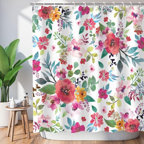 180x180cm Blommigt Duschdraperi för Badrum – Akvarell Duschdraperi med Krokar – Rosa Blommig Badrumsdekoration
