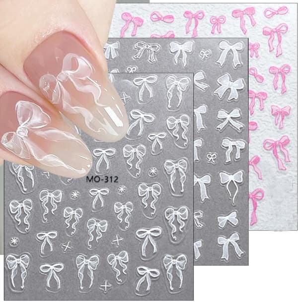 3 ark 5D Präglade Rosett Nagelstickers för Nagelkonst Självhäftande Rosett Nageldekaler Vita Rosa Rosett Nagelkonst Stickers Design Söta Rosett Nagelkonst Tillbehör f