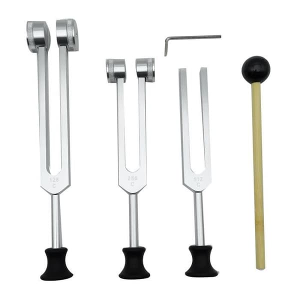 Sett med 4 stemmegafler (128 Hz, 256 Hz, 512 Hz) med hammer for lydvibrasjonsverktøy med base, sølv