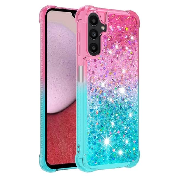 SKALO Samsung A14 5G Juoksuhiekka Glitter Sydämet TPU kuori - Pinkki-Turkoosi