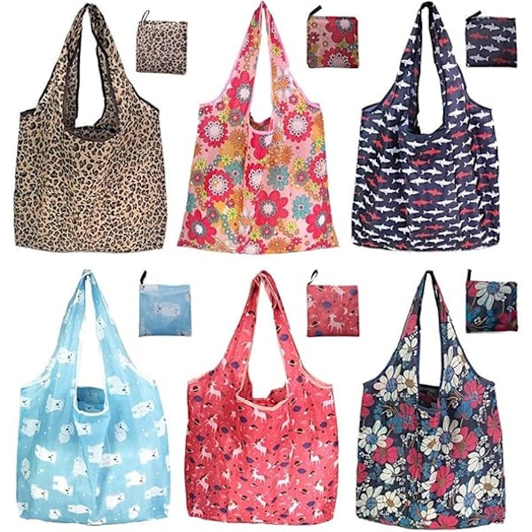 6-pack återanvändbara shoppingväskor, miljövänliga hopfällbara matkassar, 6 stilar stora, slitstarka, tvättbara väskor