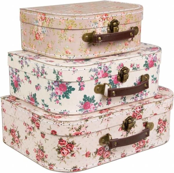 Sass & Belle Sett med 3 Vintage Rose Blomstrete Oppbevaringskofferter, Dekorative Esker som kan stables med Messinglås og Håndtak i Kunstskinn for Hje