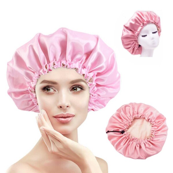Megabilligt Sleeping Cap - Satin Hair Care Wedding Bonnet Justerbar Søvnkappe Lyserød Pink
