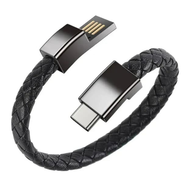 Nahkainen rannekoru latauskaapelilla USB-C Latausrannekoru Musta