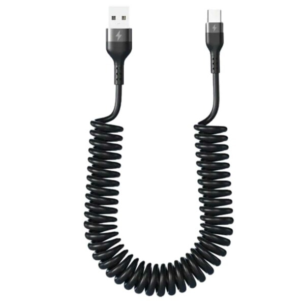 USB A til USB-C Spiralkabel 5A Hurtiglading 1,5m Sort