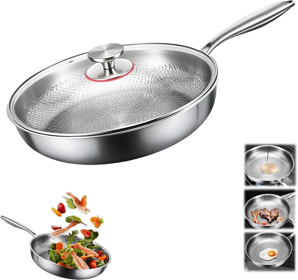 Titanium Hammered Stekepanne med Lokk, Non-Stick, Jevn Oppvarming, Flere Størrelser, For Induksjonstopp, Gass, Elektrisk og Keramisk Komfyr