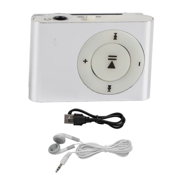 Mini MP3-spiller med klips på baksiden, bærbar digital musikkmediespiller med hodetelefoner og USB-kabel, sølv