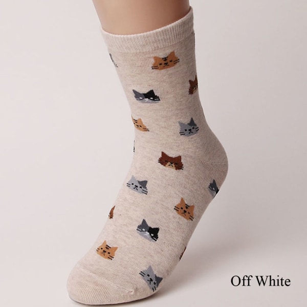 1 Pair Lovely Cat Socks Cute Animal Pattern Cartoon Off White