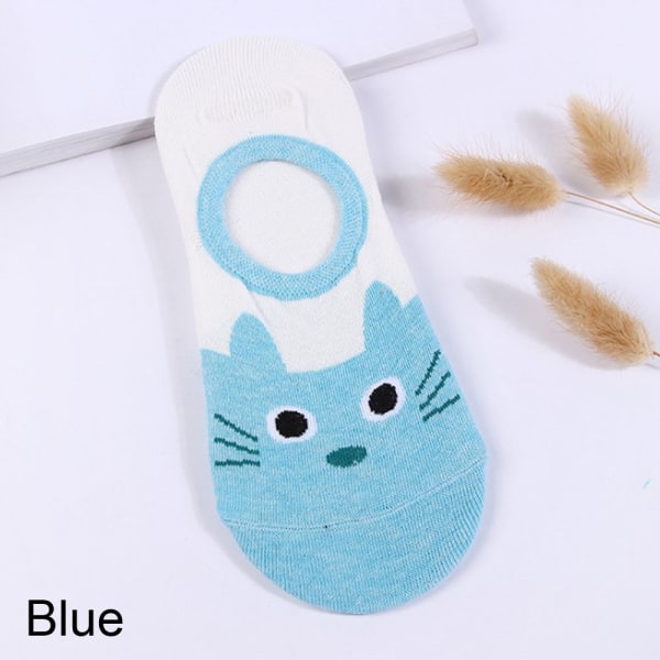 1pair Boat Socks Cat Face Pattern Low Cut Blue