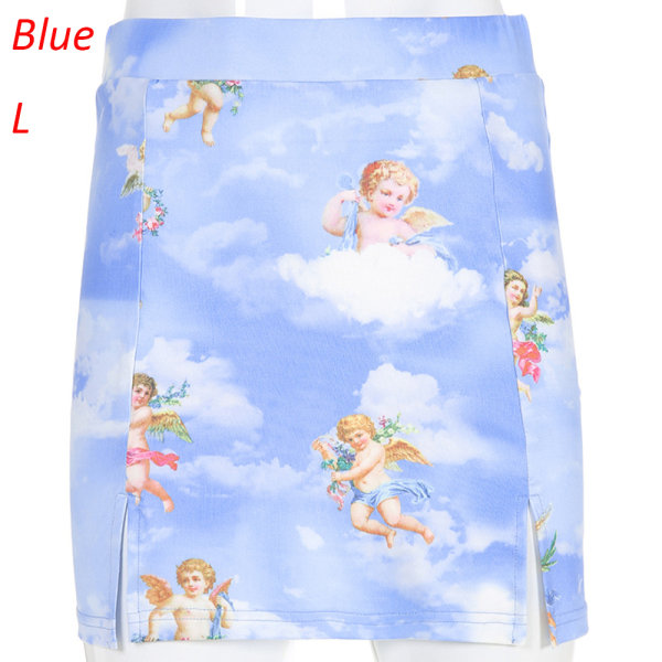 Angel Print A Line Short Pencil Skirt Blue L