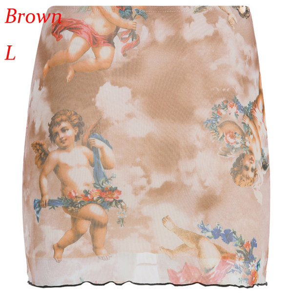 Angel Print A Line Short Pencil Skirt Brown L