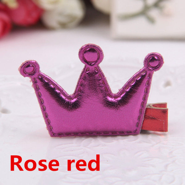 Crown Hair Clips Kids Leather Barrette Ribbon Rose Red