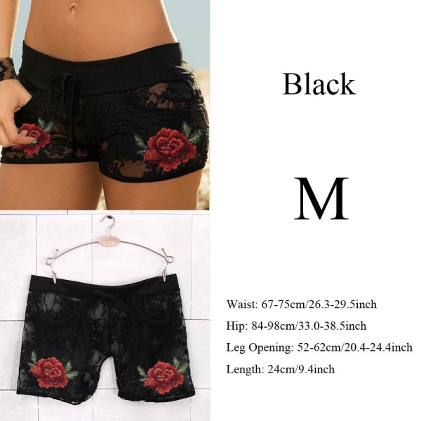 Sexy Floral Shorts Applique Flowers Strap Panties Black M
