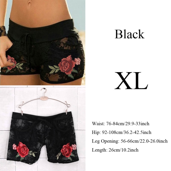 Sexy Floral Shorts Applique Flowers Strap Panties Black Xl