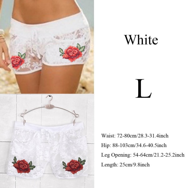 Sexy Floral Shorts Applique Flowers Strap Panties White L