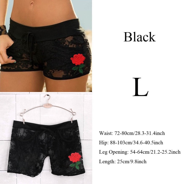 Sexy Hot Shorts Applique Rose Flowers Strap Panties Black L