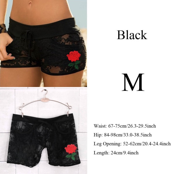 Sexy Hot Shorts Applique Rose Flowers Strap Panties Black M