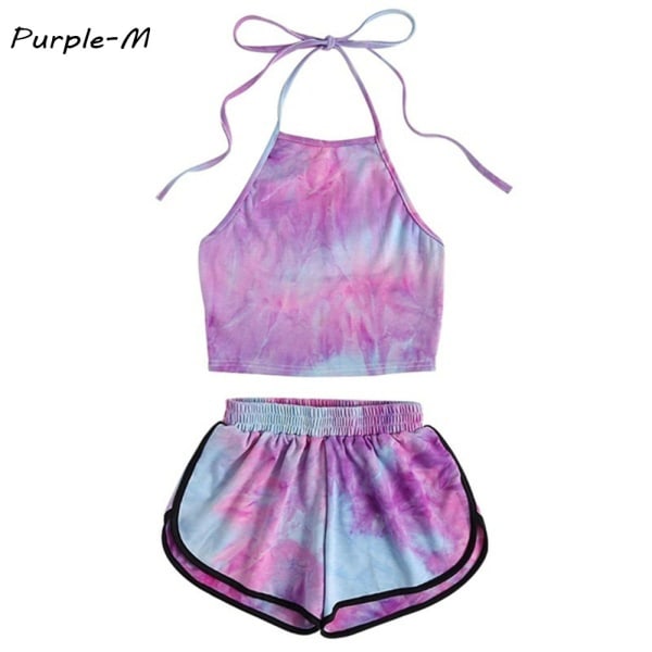 Shorts Suit Two Piece Set Tie-dye Print Purple M