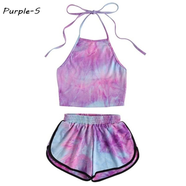 Shorts Suit Two Piece Set Tie-dye Print Purple S