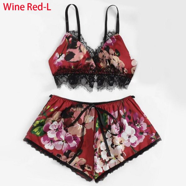 Sleepwear Pajama Set Bras And Shorts Wine Red L